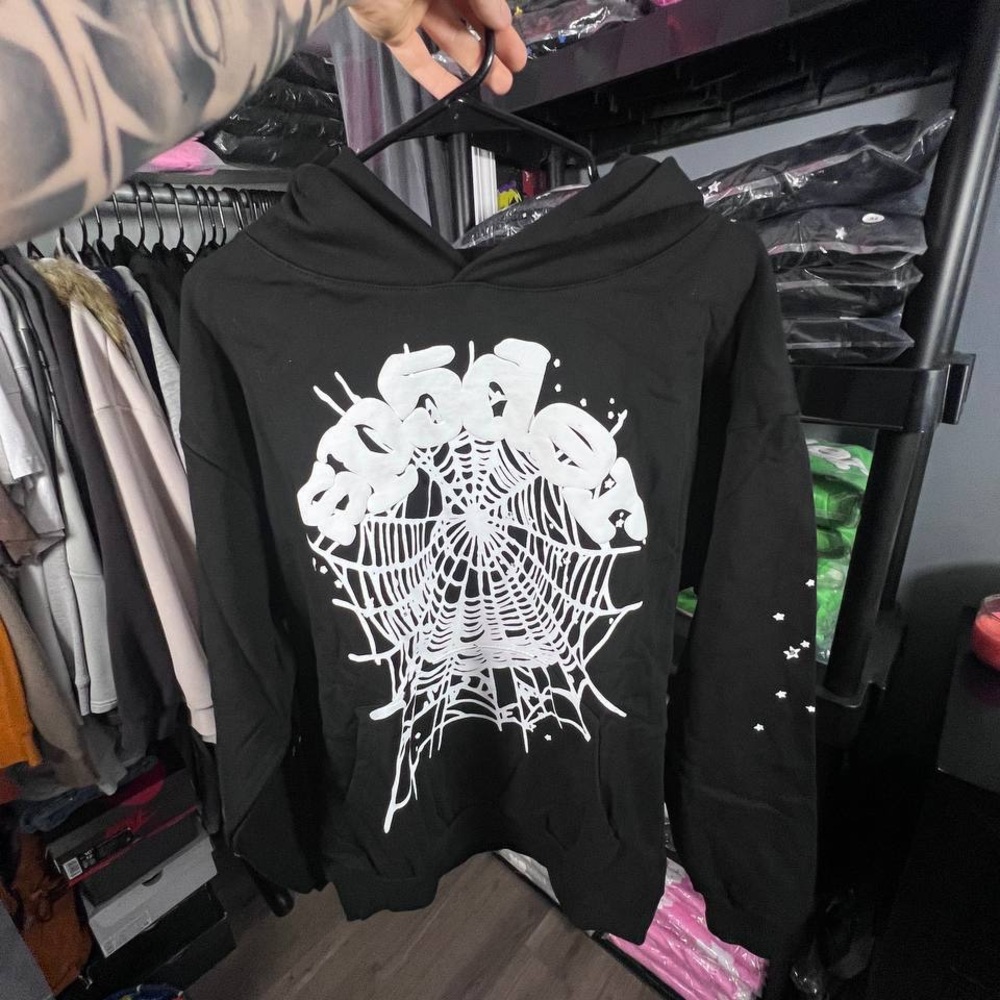 Black Sp5der Hoodie with Web Design 100% cotton